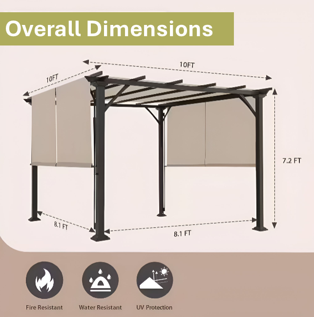 Gazebo with dimensions and features on a beige background