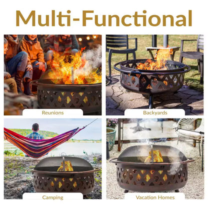 Cross Weave 36 In. X 24 In. Large round Steel Wood Burning Fire Pit in Bronze with Spark Screen