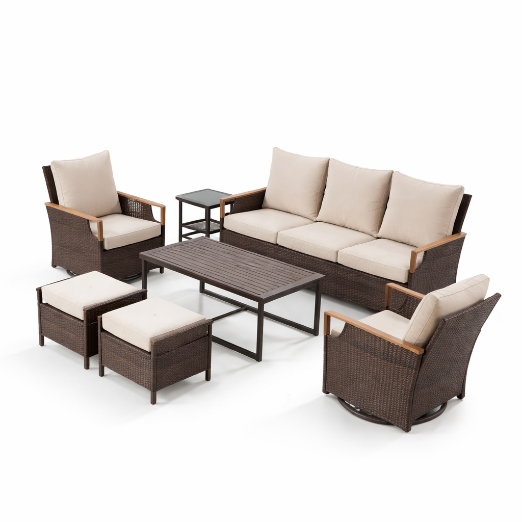 Outdoor furniture set with brown wicker chairs, table, and beige cushions on a white background