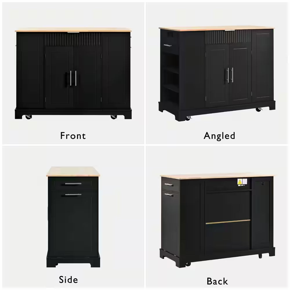 Black 48.5 In. Outdoor Kitchen Island Grill Cart with Wood Tabletop and Storage Cabinet