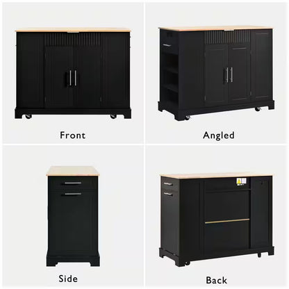 Black 48.5 In. Outdoor Kitchen Island Grill Cart with Wood Tabletop and Storage Cabinet