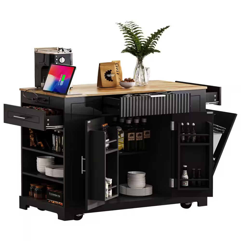Black 48.5 In. Outdoor Kitchen Island Grill Cart with Wood Tabletop and Storage Cabinet