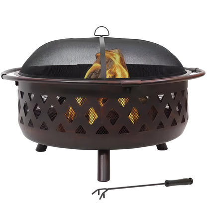 Cross Weave 36 In. X 24 In. Large round Steel Wood Burning Fire Pit in Bronze with Spark Screen