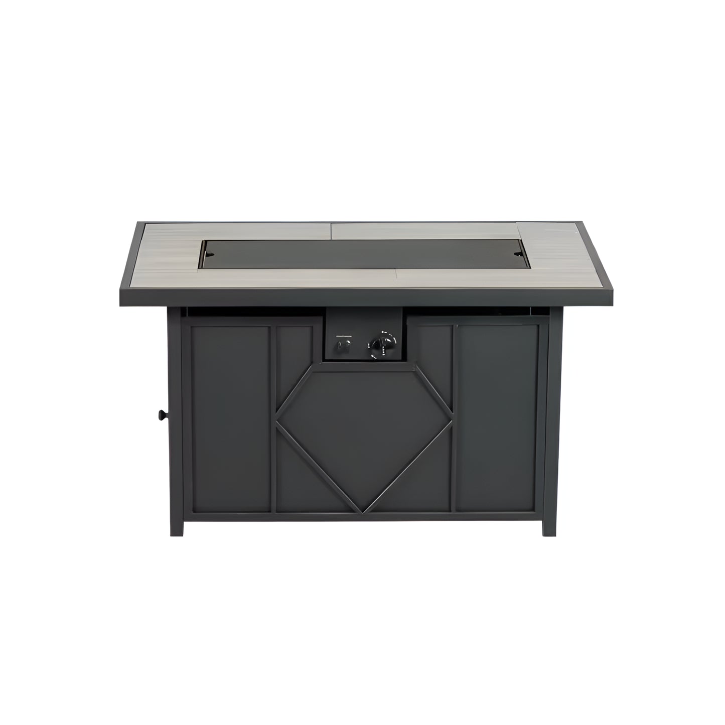 Black outdoor fire pit table with a glass panel on a white background