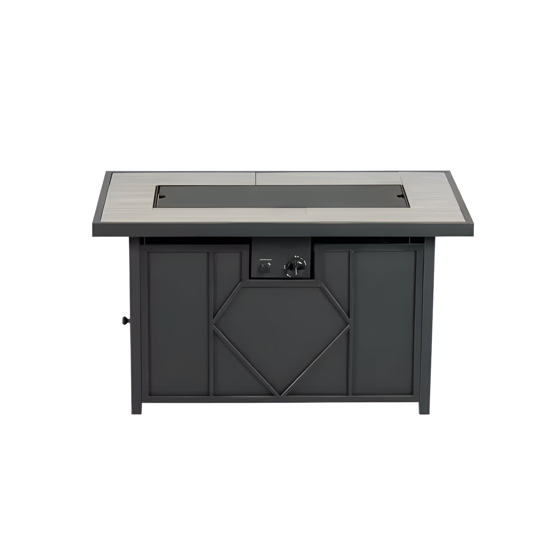 Black outdoor fire pit table with a glass panel on a white background