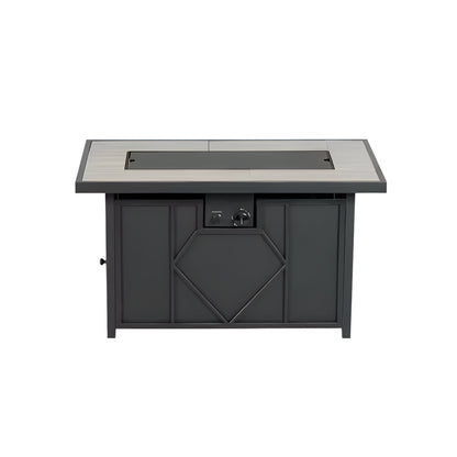 Black outdoor fire pit table with a glass panel on a white background