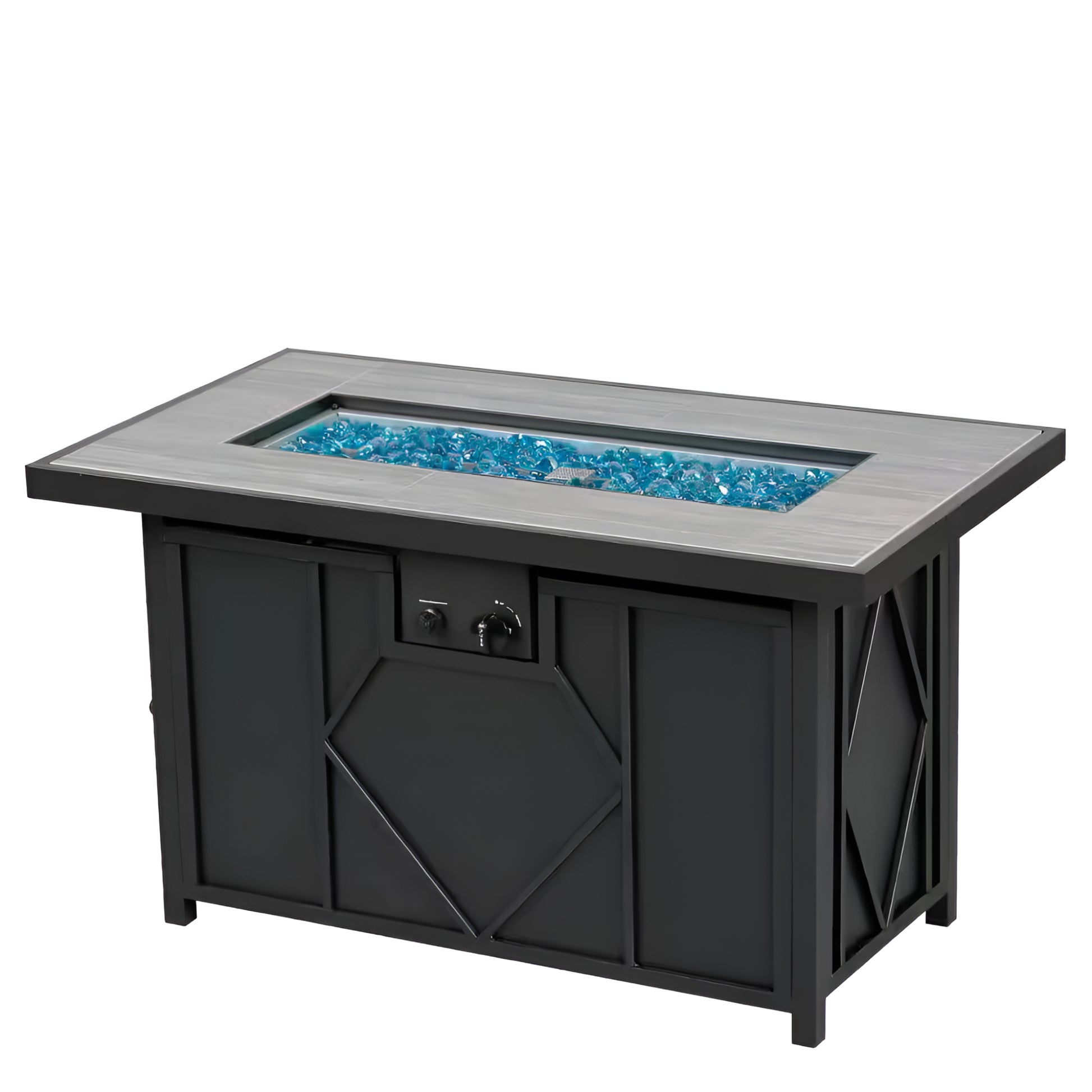Outdoor fire pit table with blue glass stones on a white background