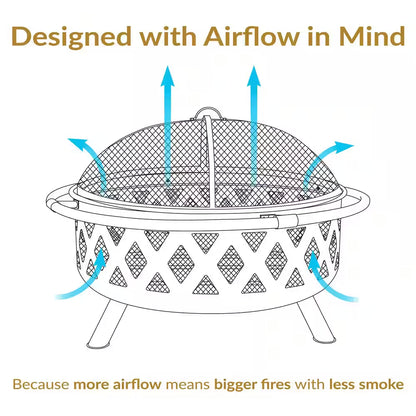 Cross Weave 36 In. X 24 In. Large round Steel Wood Burning Fire Pit in Bronze with Spark Screen