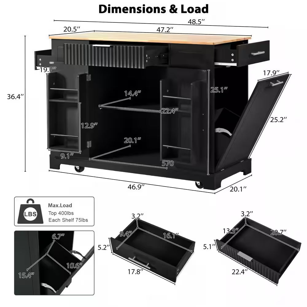 Black 48.5 In. Outdoor Kitchen Island Grill Cart with Wood Tabletop and Storage Cabinet