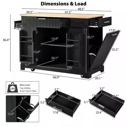 Black 48.5 In. Outdoor Kitchen Island Grill Cart with Wood Tabletop and Storage Cabinet