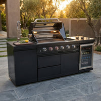 Outdoor Kitchen Island Black Stainless Steel with Sink & 46-Inch 4-Burner 72000 BTU Grill, Wine Cooler, Refrigerator, Rotisserie Kit & Granite Countertops — Studio Shot