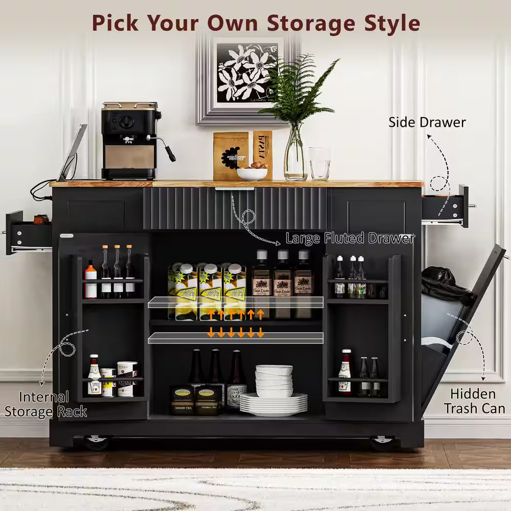 Black 48.5 In. Outdoor Kitchen Island Grill Cart with Wood Tabletop and Storage Cabinet