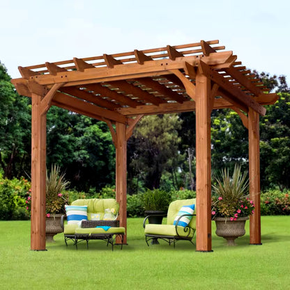 Wooden pergola with outdoor furniture and plants on a grassy area