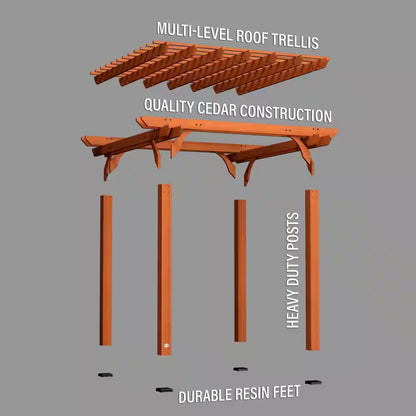 Multi-level roof trellis with quality cedar construction on a gray background