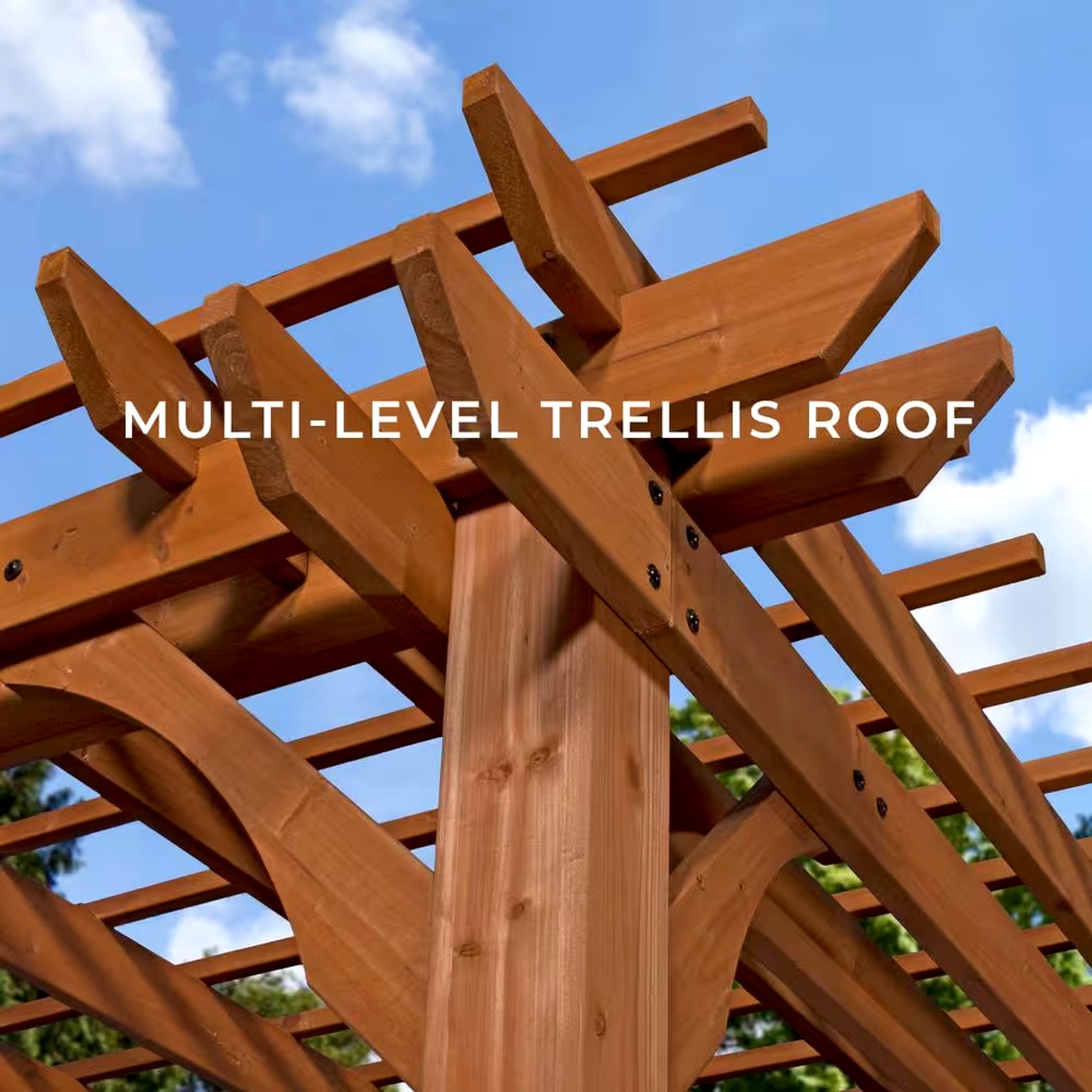 Wooden multi-level trellis roof structure against a blue sky.