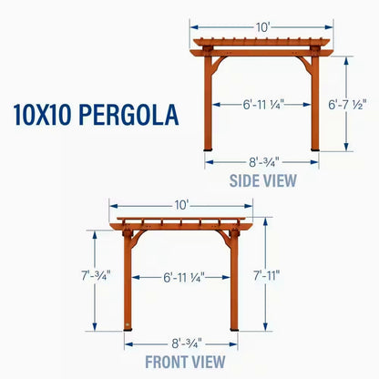 Dimensions of a 10x10 pergola shown from side and front views.