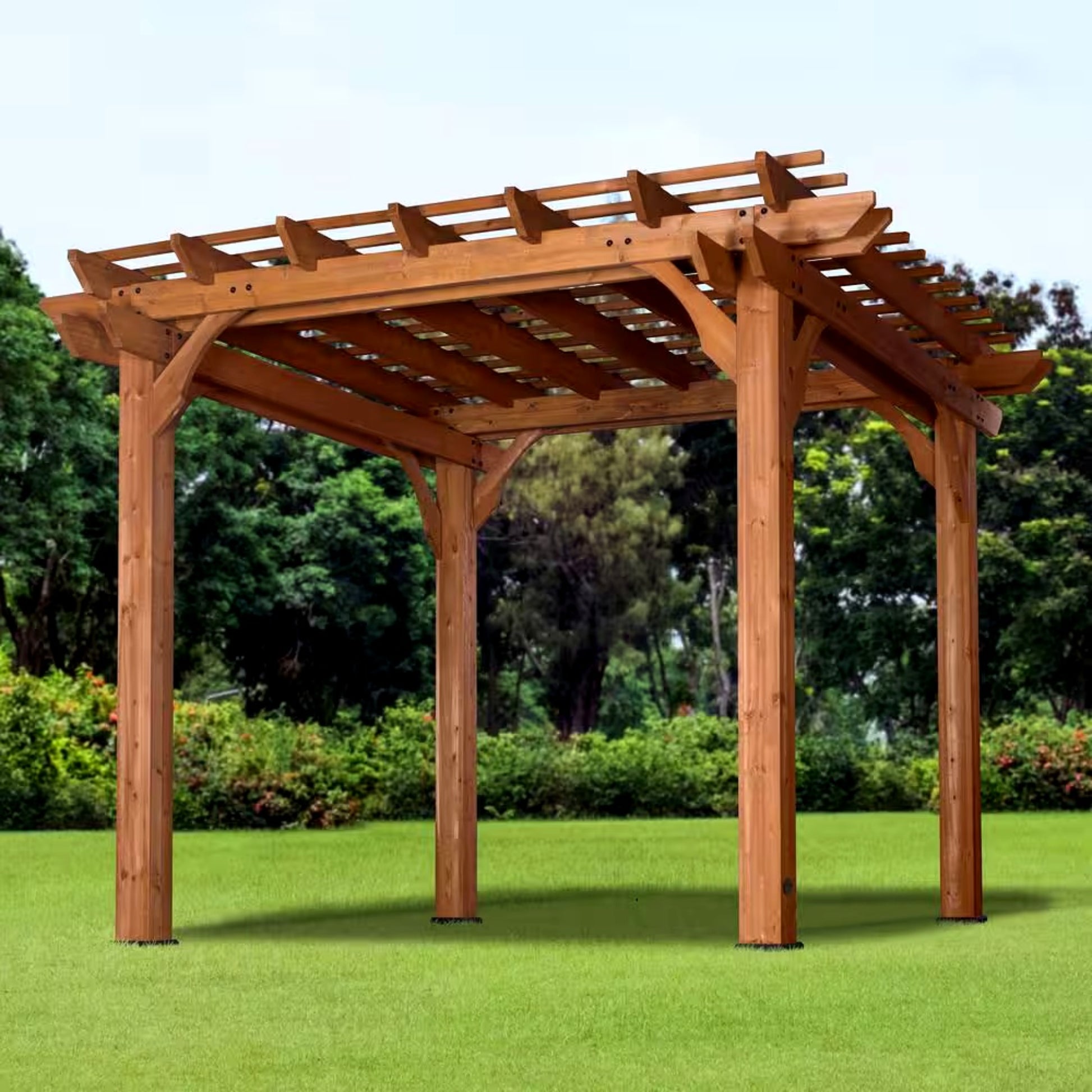 Wooden pergola on a grassy area with trees in the background