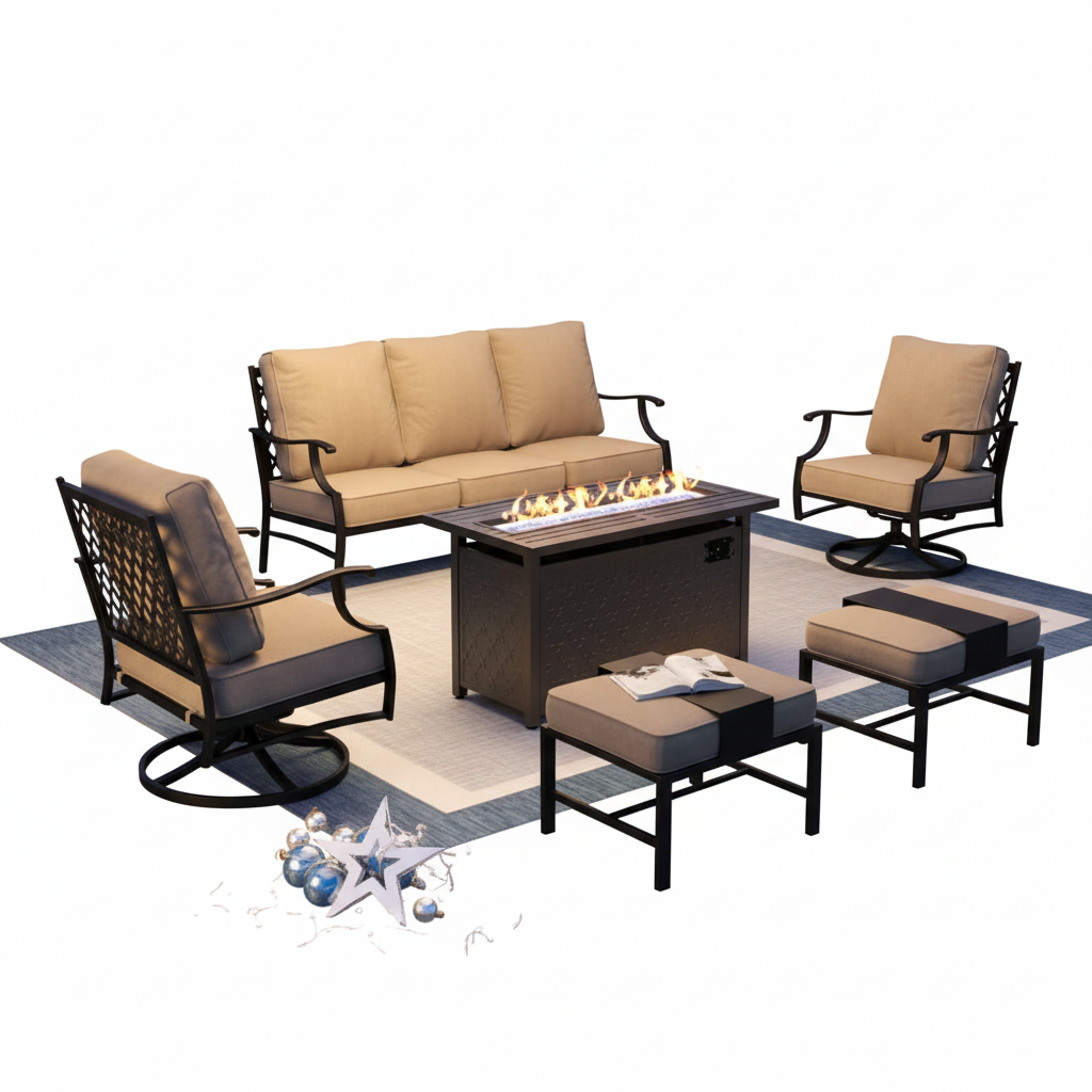 Outdoor patio furniture set with fire pit table on a white background