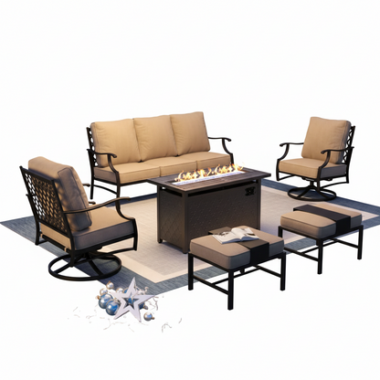 Outdoor patio furniture set with fire pit table on a white background