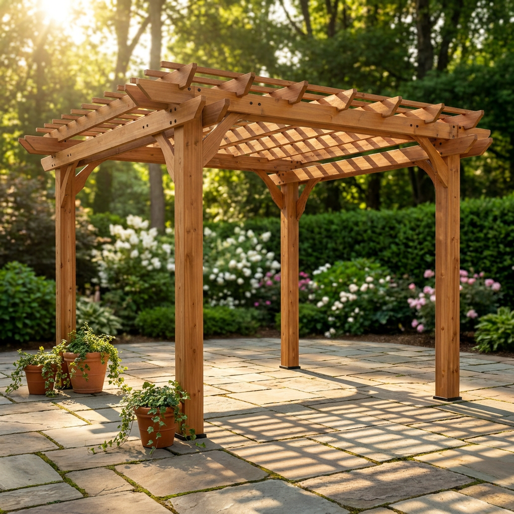 10 Ft. X 10 Ft. Traditional All Cedar Wood Outdoor Patio Pergola Shade Structure — Studio Shot