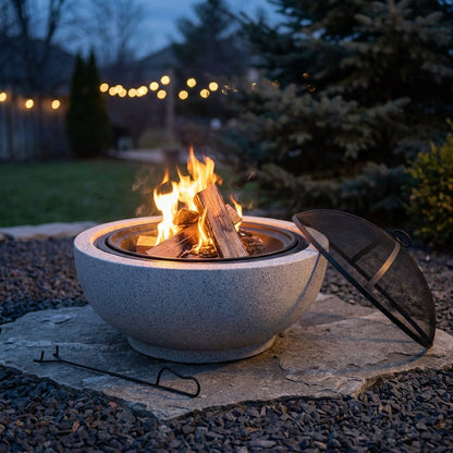 Contemporary Wood round Burning Fire Pit in Grey — Studio Shot