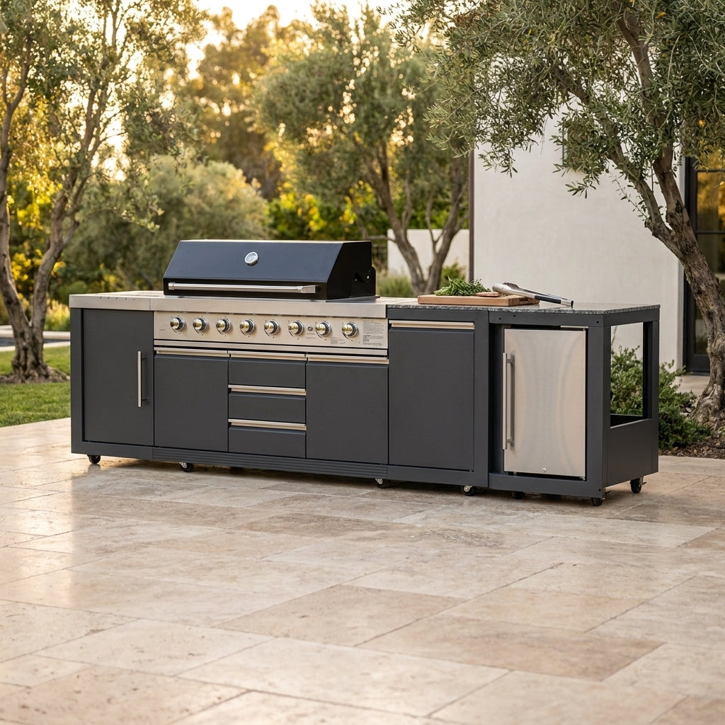Akoah 4-Piece Modular Outdoor Kitchen Island Set with 8-Burner Grill, Fridge & Wheels — Studio Shot