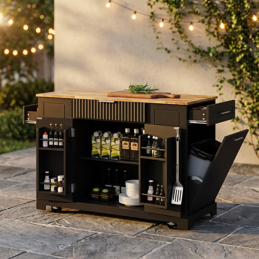 Black 48.5 In. Outdoor Kitchen Island Grill Cart with Wood Tabletop and Storage Cabinet — Studio Shot