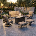 Black Metal Meshed 7 Seat 6-Piece Steel Outdoor Fire Pit Patio Set with Beige Cushions, Black Rectangular Fire Pit Table