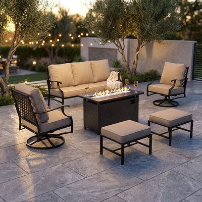 Black Metal Meshed 7 Seat 6-Piece Steel Outdoor Fire Pit Patio Set with Beige Cushions, Black Rectangular Fire Pit Table