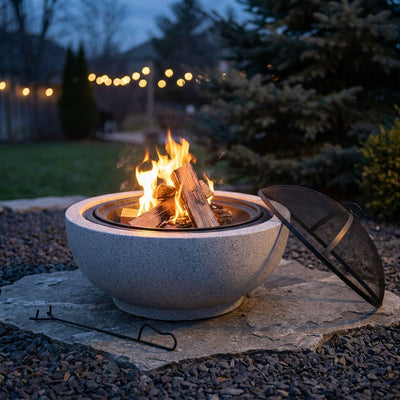 Contemporary Wood round Burning Fire Pit in Grey