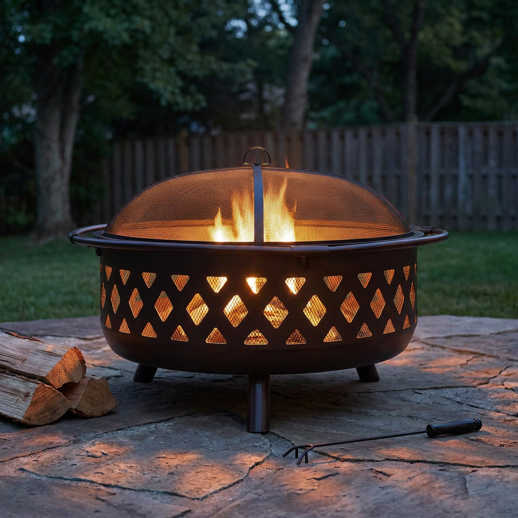 Cross Weave 36 In. X 24 In. Large round Steel Wood Burning Fire Pit in Bronze with Spark Screen — Studio Shot