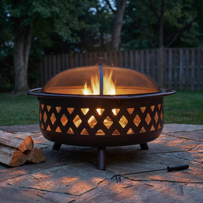 Cross Weave 36 In. X 24 In. Large round Steel Wood Burning Fire Pit in Bronze with Spark Screen