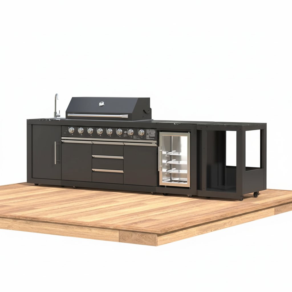 Premium 4-Piece Modular Outdoor Kitchen Island Set with 8-Burner Grill, Fridge & Wheels